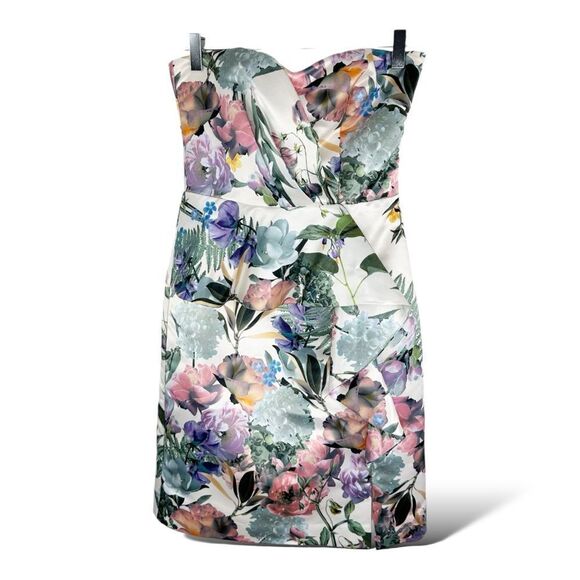 PARKER BLACK White Floral Strapless Cocktail Mini Dress Waterfall Ruffle Sz 2 - Picture 1 of 15